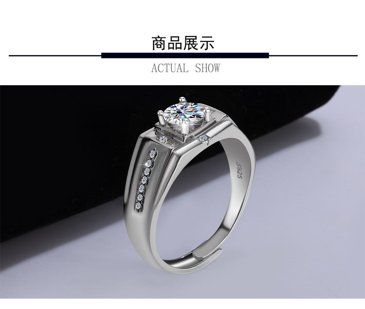 S925Sterling Silver Moissanite Ring Platinum Plated Knight Men's Ring One Carat Simple Elegant Men's Wedding Ring Factory Wholesale