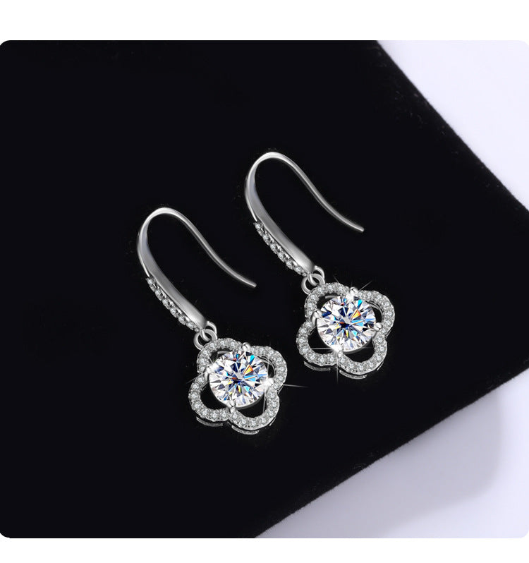 Cross-Border S925Sterling Silver Moissanite Four-Leaf Clover Ear Hooks Xiaohongshu Earrings Cluster Full Diamond Elegant Simple Women's Ear Jewelry