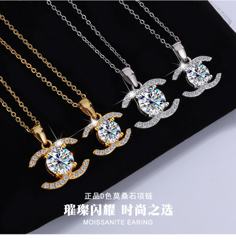 Europe and america cross border S925Pure Silver Moissanite Double C Pendant Chanel Style Elegant Versatile Full Diamond Necklace Factory Wholesale