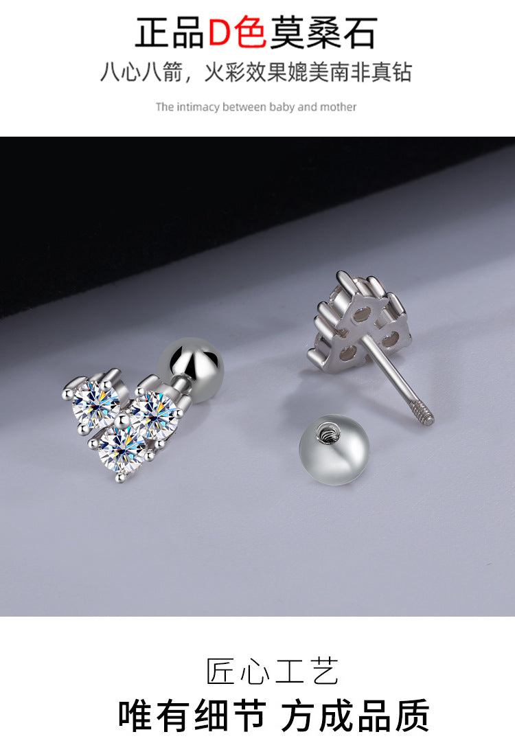 S925Silver Moissanite Heart Simple Clover Screw Earrings for Women Light Luxury Moissanite Jewelry Factory Wholesale