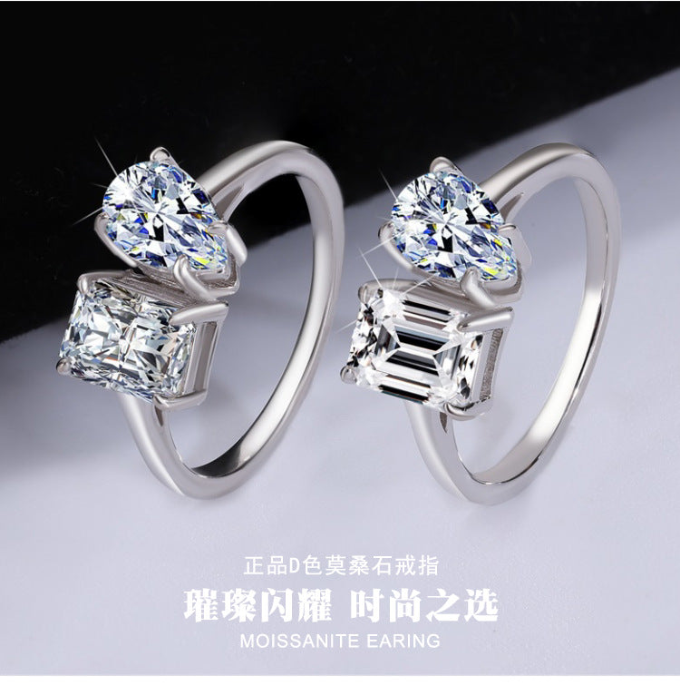 Cross-border hot selling S925Sterling Silver Moissanite Ring Irregular Heart Shape Emerald Cut Radiant Moissanite Women's Ring Wholesale