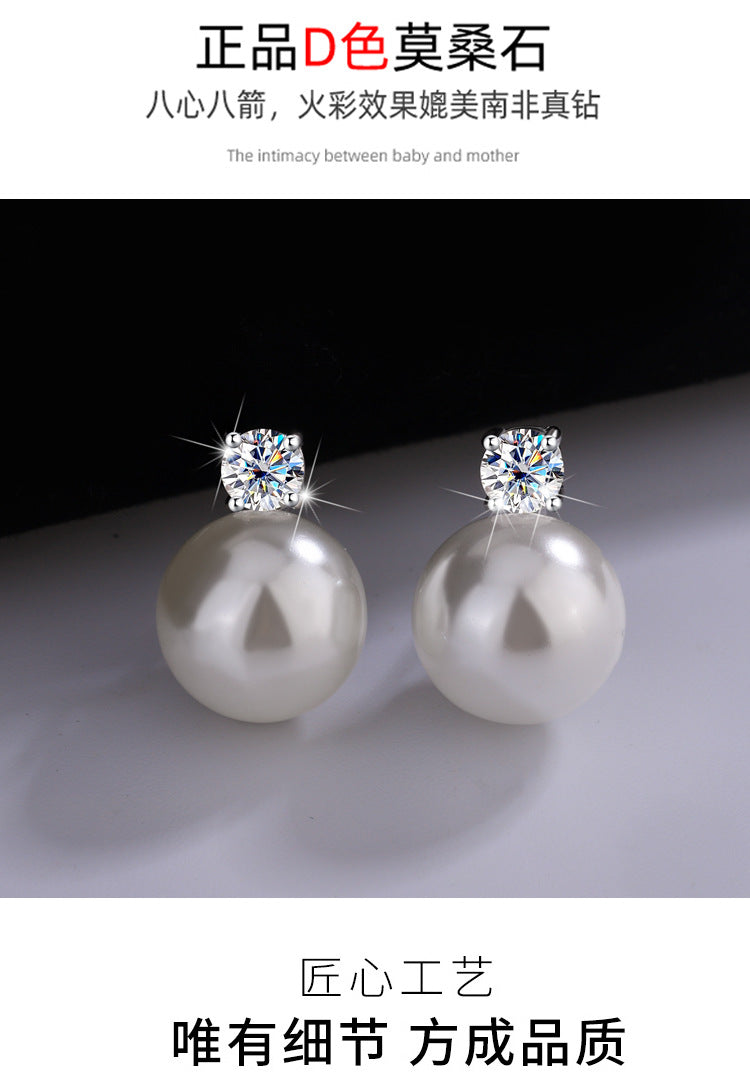 Cross-Border S925Silver Four-Prong Moissanite Inlaid Pearl Earrings Pearl Jewelry Internet Celebrity Fashion Versatile Earrings for Women