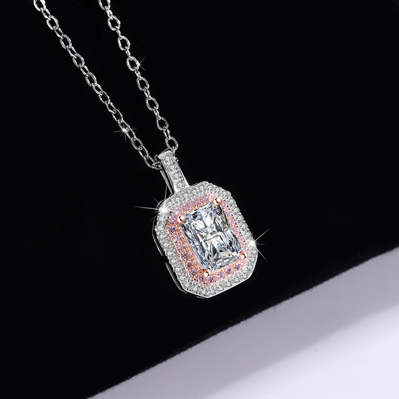 Cross-Border S925Sterling Silver Necklace Color-Blocked Square Bag Sugar Cube Radiant Moissanite Diamond Pendant Collarbone Chain Live Wholesale