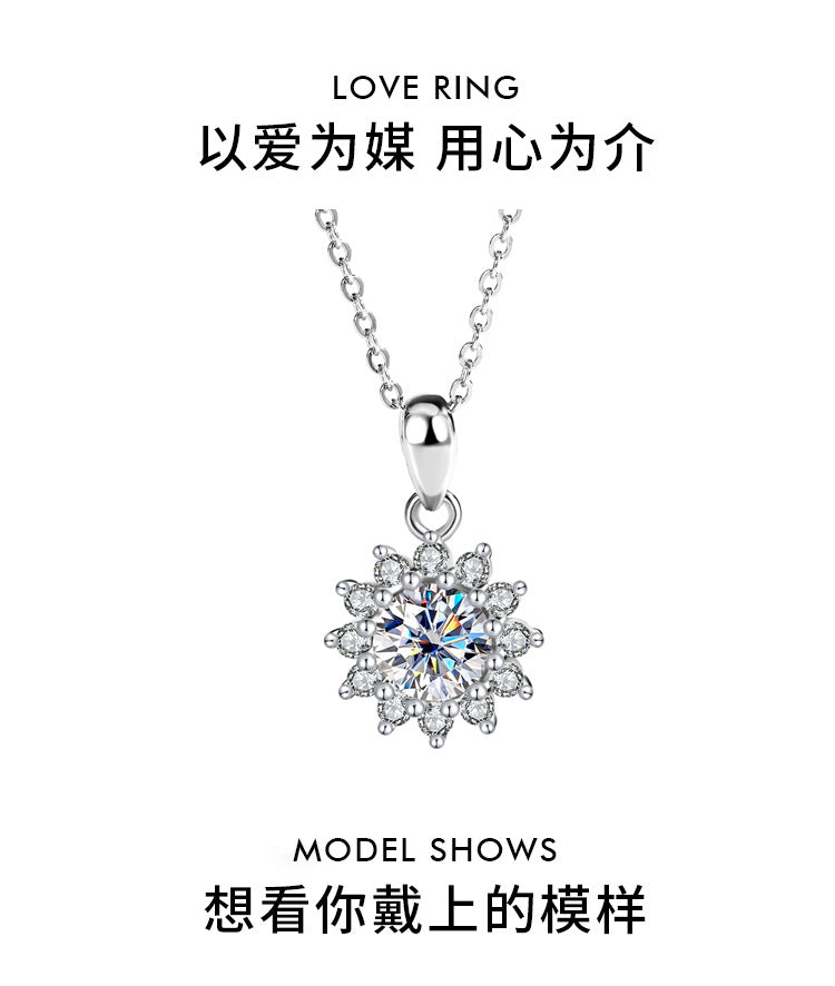 Genuine Moissanite Necklace for Women, Pure Silver Sunflower Diamond Pendant, Women's Light Luxury Versatile Collarbone Chain, Birthday Gift