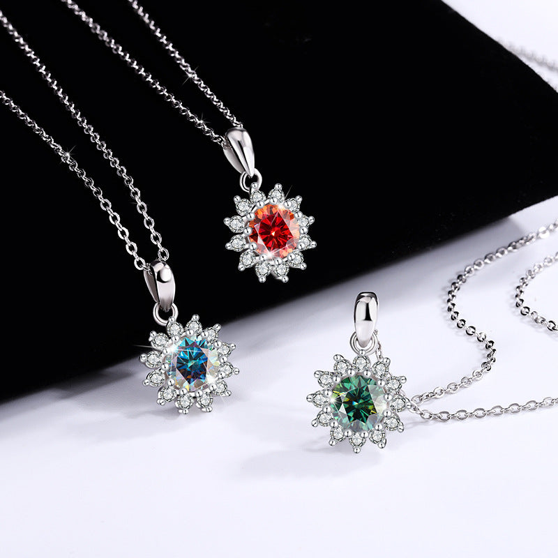 Genuine Moissanite Necklace for Women, Pure Silver Sunflower Diamond Pendant, Women's Light Luxury Versatile Collarbone Chain, Birthday Gift