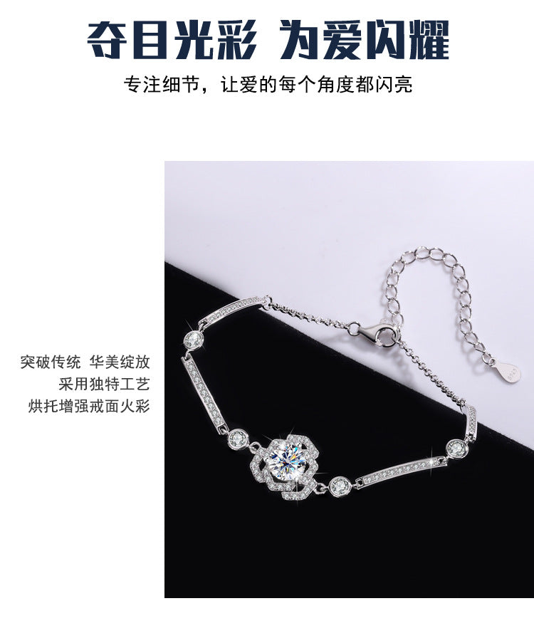 S925Silver Moissanite Rose Bracelet Moissanite Camellia Simple Style TikTok Kuaishou Live Streaming Factory Direct Sale