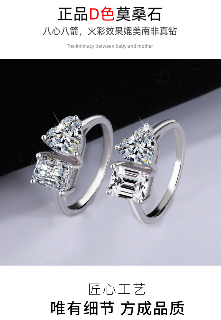 Cross-border European and American Live Streaming925Pure Silver Moissanite Classic1Carat Ring Irregular Moissanite Asymmetric Women's Ring