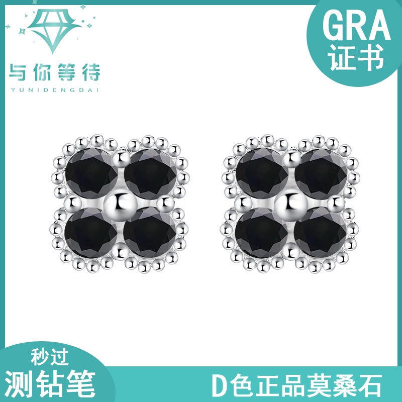 Cross-border hot S925Sterling Silver Black Moissanite Four-Leaf Clover Earrings Light Luxury High-End Jewelry Flower Full Diamond Wholesale