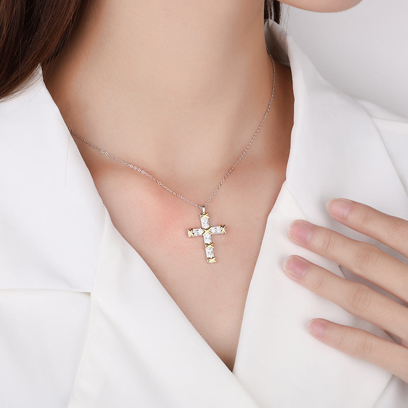 Cross-Border S925Sterling Silver European and American Fashion High-End Full Diamond Cross Moissanite Necklace for Women Collarbone Chain Factory Direct Sale