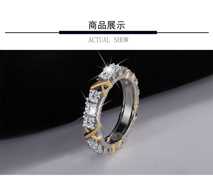 Cross-Border S925Sterling Silver Classic Cross Two-tone Row Ring Moissanite Diamond Ring Moissanite Diamond Ring Female Factory Wholesale