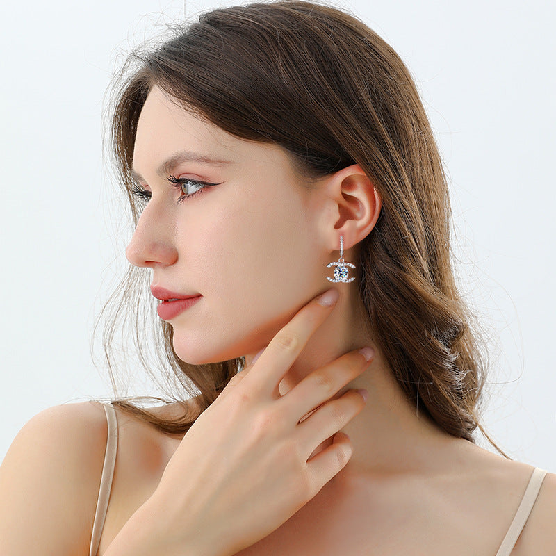 Europe and America925Sterling Silver Double C Chanel Style Moissanite Earrings for Women, Korean and Japanese High-End Moissanite Earrings, Factory Wholesale