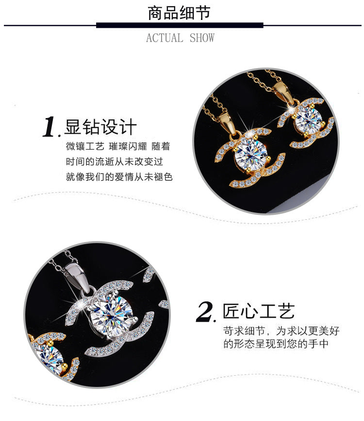 Europe and america cross border S925Pure Silver Moissanite Double C Pendant Chanel Style Elegant Versatile Full Diamond Necklace Factory Wholesale