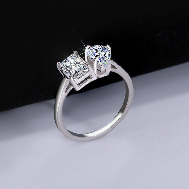 Cross-border hot selling S925Sterling Silver Moissanite Ring Irregular Heart Shape Emerald Cut Radiant Moissanite Women's Ring Wholesale