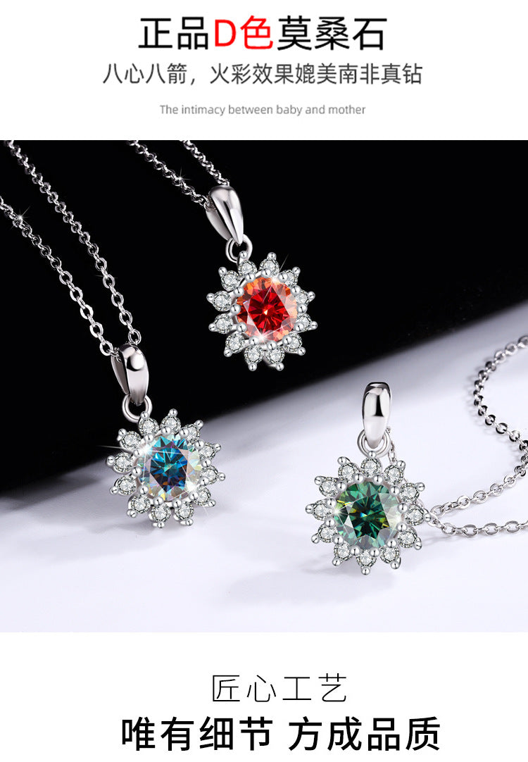 Genuine Moissanite Necklace for Women, Pure Silver Sunflower Diamond Pendant, Women's Light Luxury Versatile Collarbone Chain, Birthday Gift