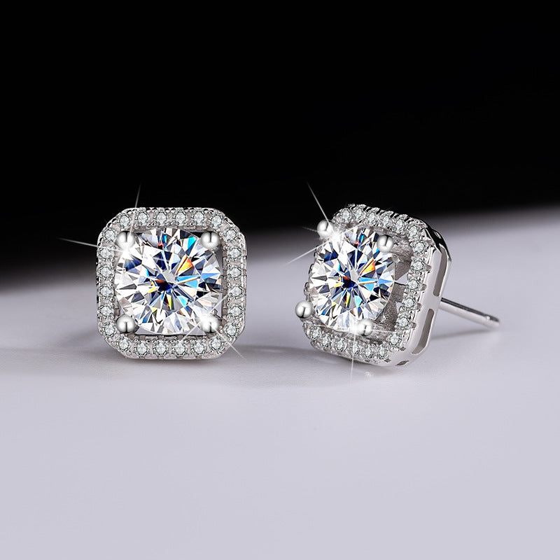 Cross-Border S925Sterling Silver Moissanite Square Bag Three-Piece Set Women's Ring Necklace Women's Earrings TikTok Live Factory Wholesale