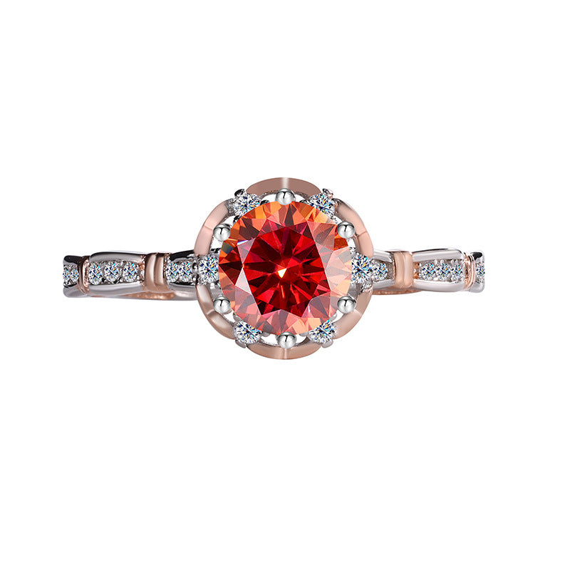 Europe and america cross border S925Sterling Silver Moissanite Princess Rose Handheld Flower Diamond Ring Six-Prong Luxury Cluster Setting Color-Blocked Women's Ring