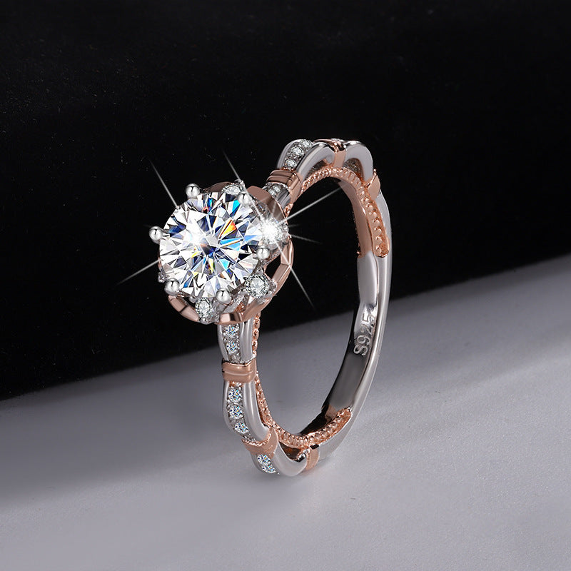 Europe and america cross border S925Sterling Silver Moissanite Princess Rose Handheld Flower Diamond Ring Six-Prong Luxury Cluster Setting Color-Blocked Women's Ring
