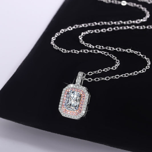 Cross-Border S925Sterling Silver Necklace Color-Blocked Square Bag Sugar Cube Radiant Moissanite Diamond Pendant Collarbone Chain Live Wholesale