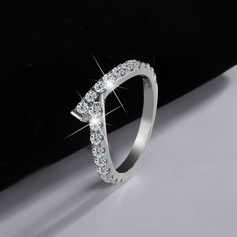 Cross-Border S925Sterling Silver Ring for Women Asymmetric Cross Row Diamond Style High-end Simple Stacking Ring Wholesale