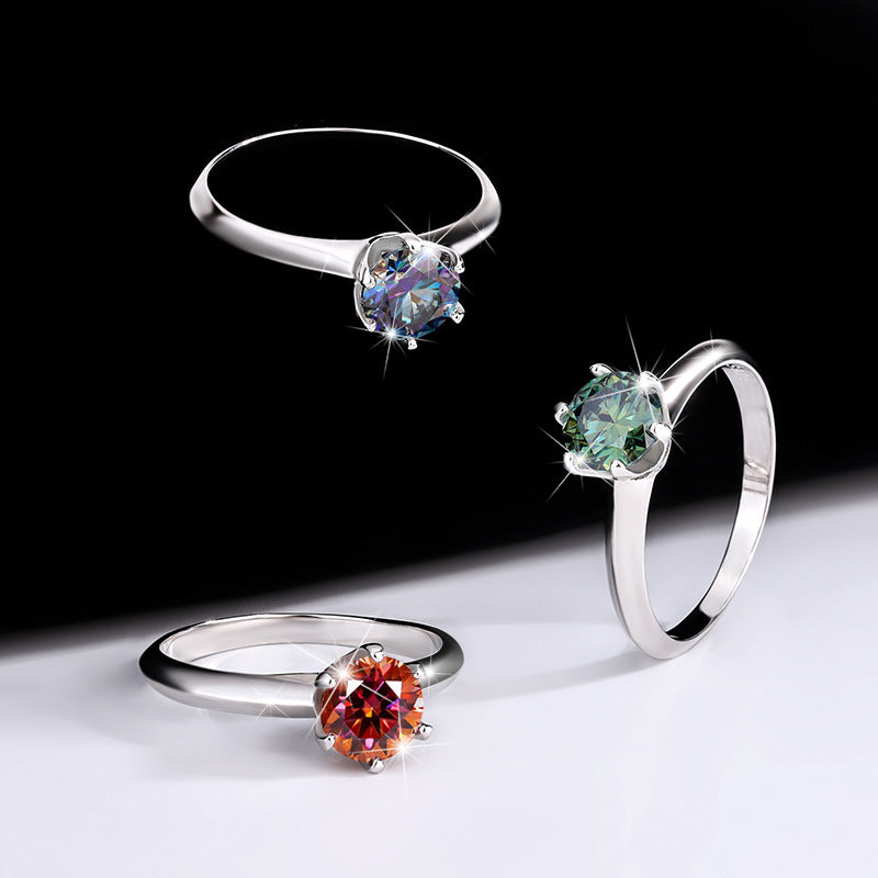S925Sterling Silver Ring T Home Six-Prong Colorful Moissanite Women's Ring Classic Six-Prong Diamond Ring Proposal Ring Wholesale
