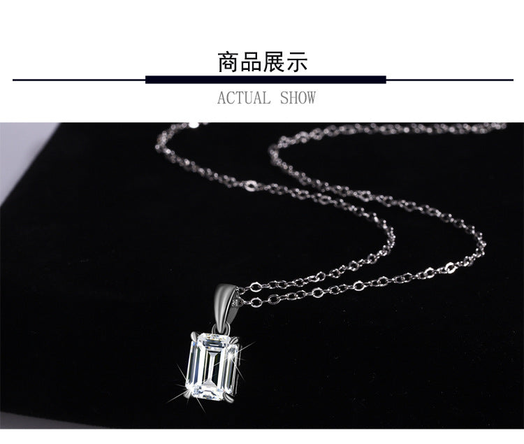 Cross-border new arrival S925Pure Silver Moissanite Diamond Light Luxury High-End Feel Emerald Cut Rectangular Pendant Collarbone Chain Wholesale