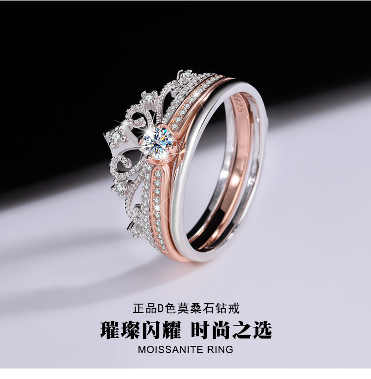 Cross-Border Exclusive Pure Silver Moissanite Castle Fireworks Layered Double Rose Gold Color-Blocked Women's Diamond Ring Factory Wholesale