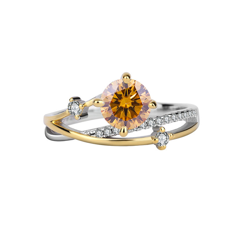 New One Carat Four-Prong Inlaid Sterling Silver Gold Color-Blocked Moissanite Simulated Diamond Women's Ring Direct Sale