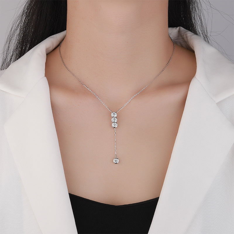 Cross-Border S925Pure Silver Tassel Necklace for Women with Moissanite Diamond Pendant, Simple and Luxurious Versatile Collarbone Chain, Wholesale from Manufacturer
