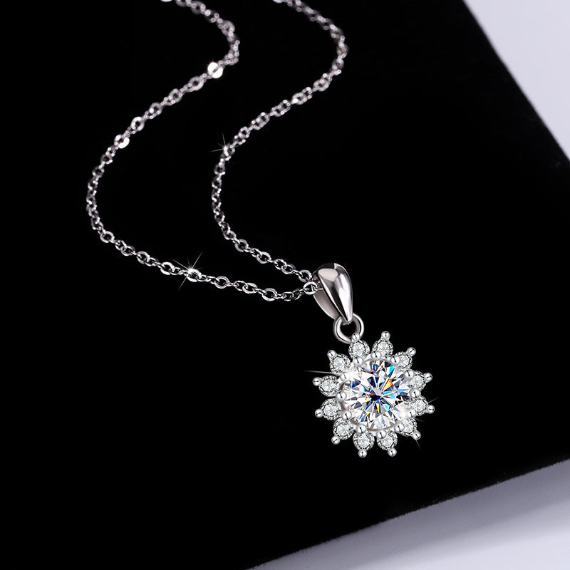Genuine Moissanite Necklace for Women, Pure Silver Sunflower Diamond Pendant, Women's Light Luxury Versatile Collarbone Chain, Birthday Gift
