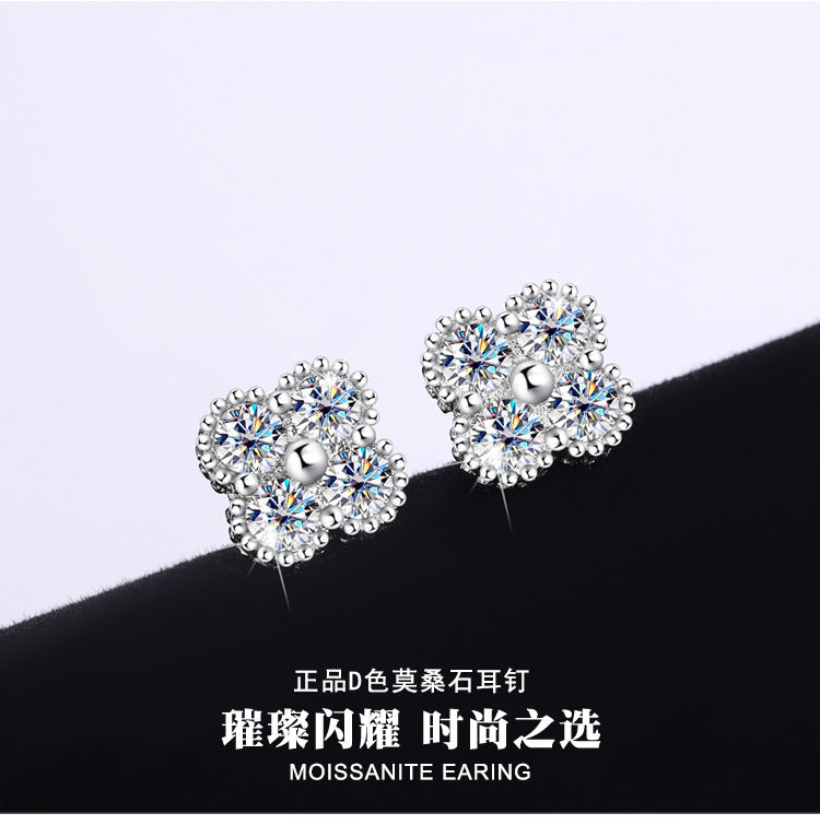 S925Sterling Silver Moissanite Clover Earrings for Women, Light Luxury Niche High-end Flower Full Diamond Xiaohongshu Hot Style
