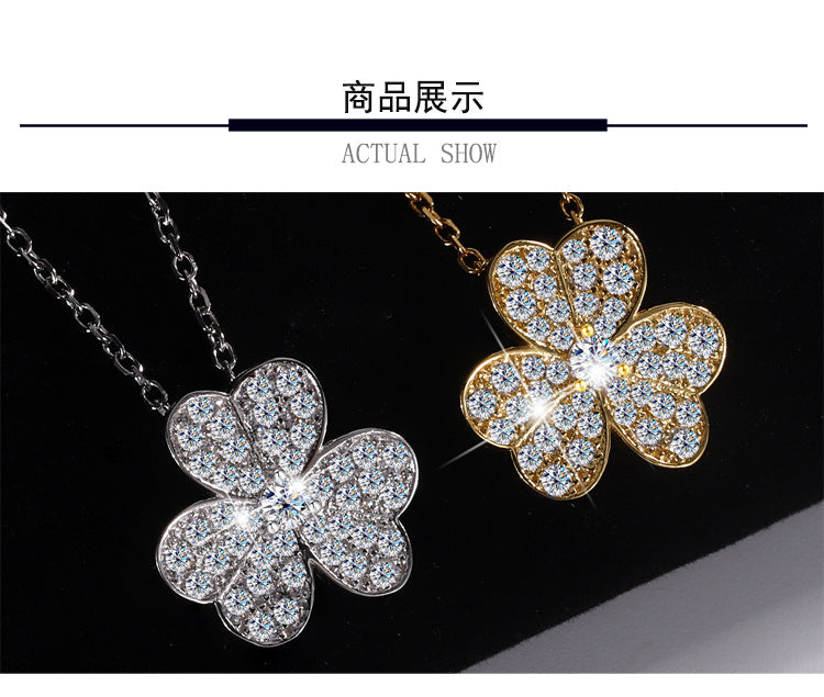 Exclusive for cross-border S925Pure Silver Lucky Moissanite Full Diamond Clover Necklace for Women Three-Petal Flower Simple Collarbone Chain Wholesale