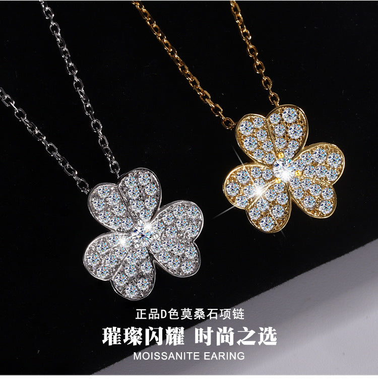 Cross-Border S925Sterling Silver Three-Petal Flower Necklace for Women, Moissanite Full Diamond Clover Floral Necklace, Qixi Valentine's Day Gift Direct Sale