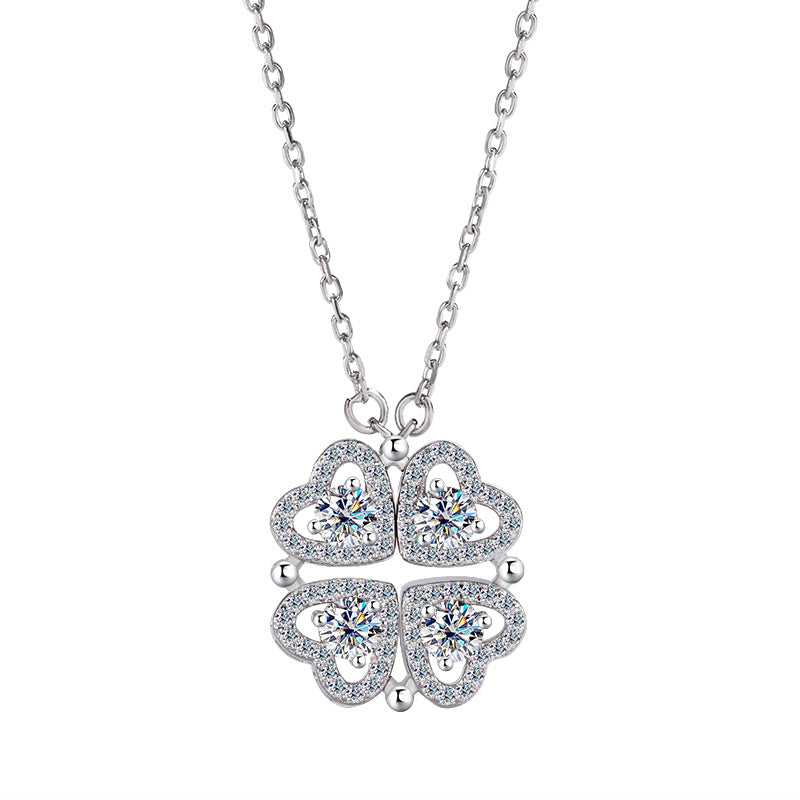 Cross-border Exclusive Pure Silver S925Four-leaf Clover Necklace for Women, Light Luxury Moissanite Diamond Collarbone Chain, Flower-shaped Pendant Wholesale