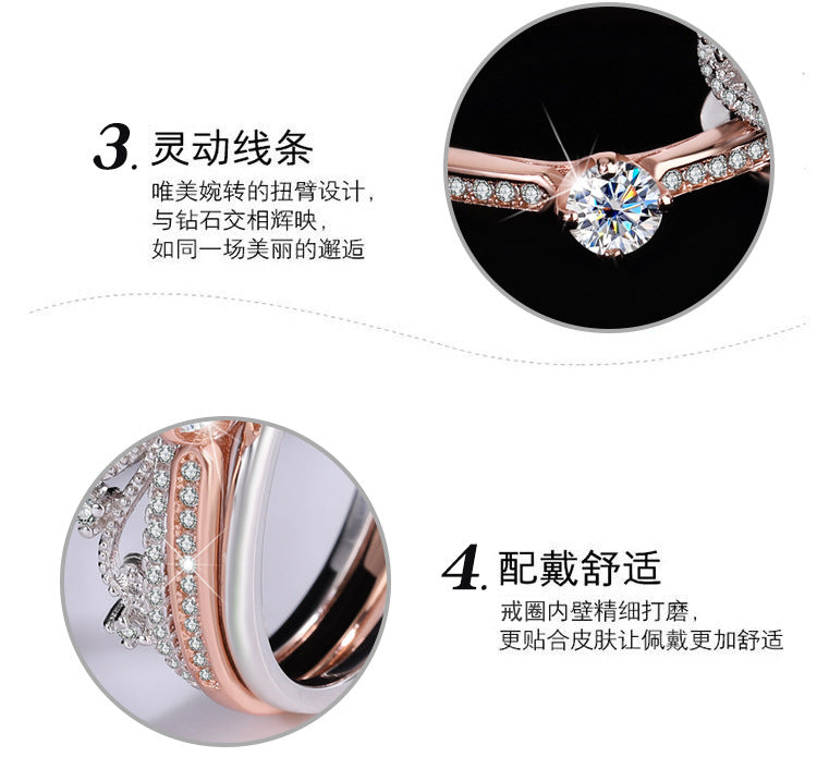 Cross-Border Exclusive Pure Silver Moissanite Castle Fireworks Layered Double Rose Gold Color-Blocked Women's Diamond Ring Factory Wholesale