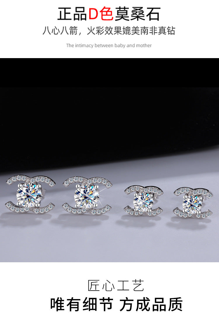 Best seller in europe and america925Sterling Silver Double C Moissanite Earrings for Women Moissanite Diamond Earrings Chanel Style High-end Feel Factory Wholesale