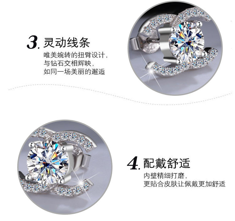 Best seller in europe and america925Sterling Silver Double C Moissanite Earrings for Women Moissanite Diamond Earrings Chanel Style High-end Feel Factory Wholesale