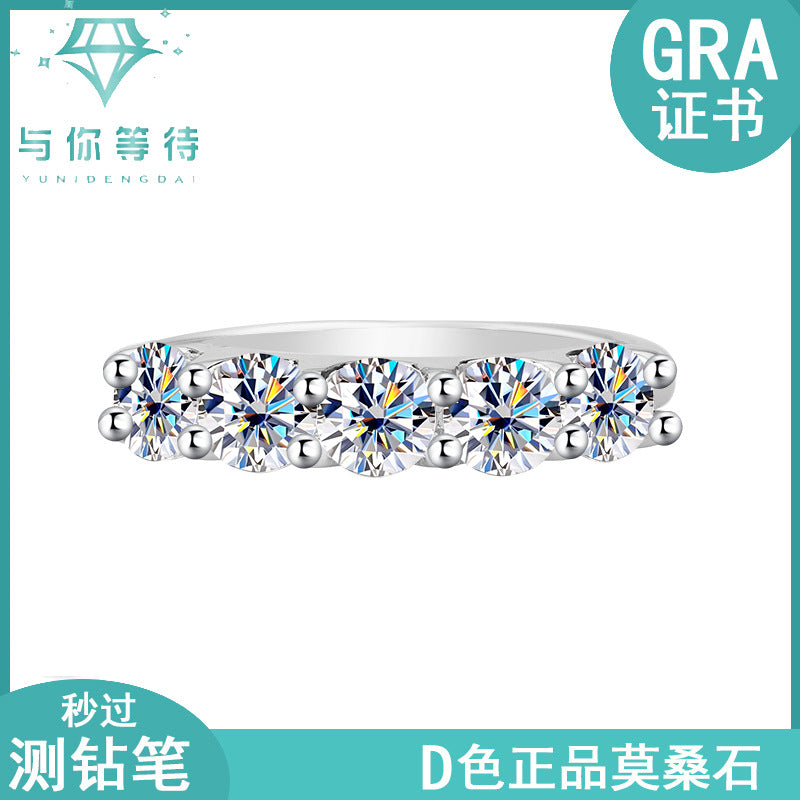 Cross-border foreign trade S925Silver Moissanite Five-Star Princess Row Ring Simple Fashion Moissanite Diamond Ring for Women Factory Wholesale