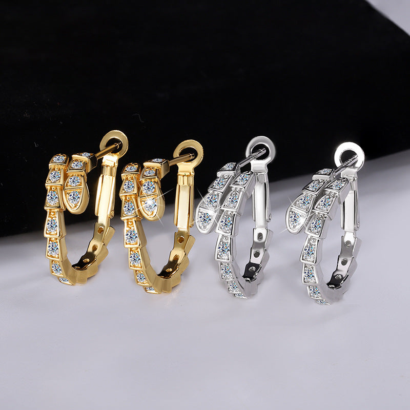Cross-Border Europe and America S925Pure Silver Full Moissanite Full Diamond Snake-shaped Earrings Female Moissanite Stone fashion High-end Sense Factory Wholesale