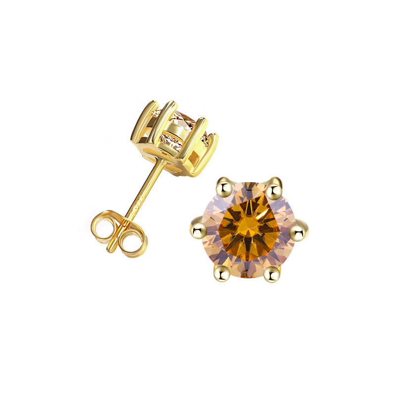 Cross-Border925Sterling Silver Gold Plated Moissanite Six-Prong Earrings1Clamosanite Gift Earrings Factory Wholesale