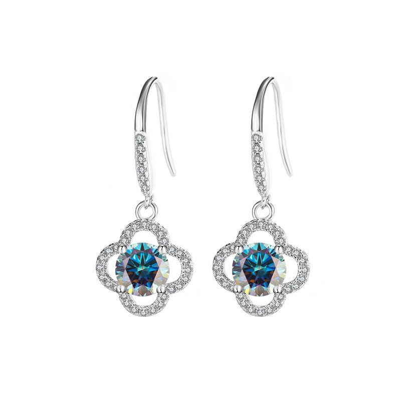 Cross-Border S925Sterling Silver Moissanite Four-Leaf Clover Ear Hooks Xiaohongshu Earrings Cluster Full Diamond Elegant Simple Women's Ear Jewelry