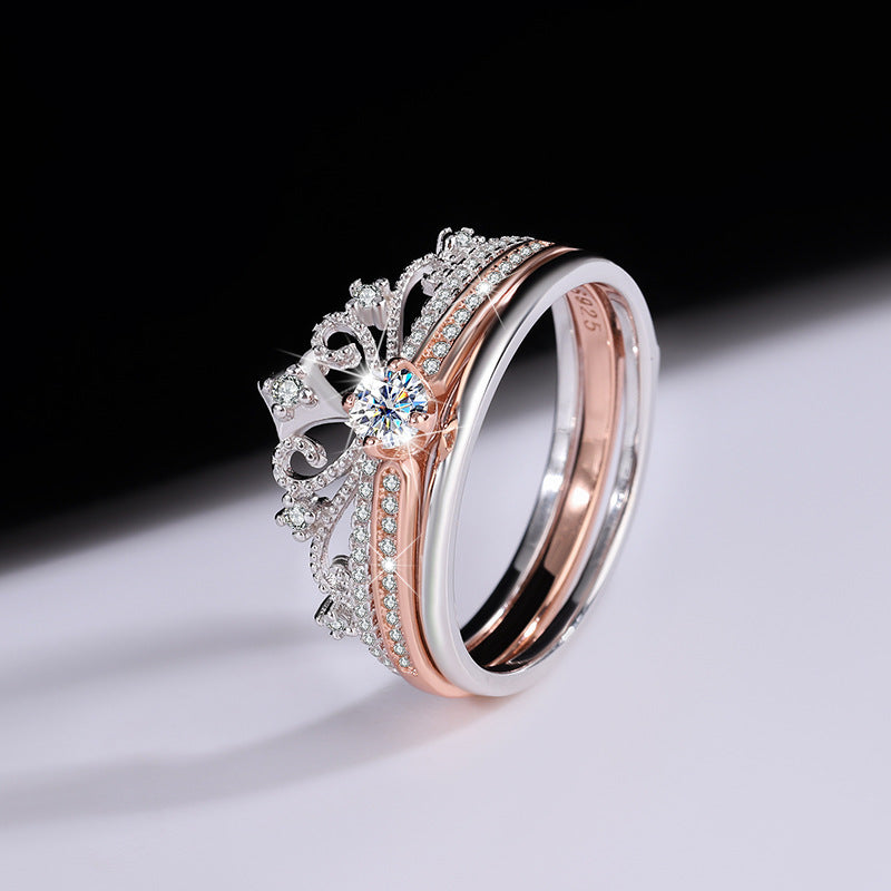 Cross-Border Exclusive Pure Silver Moissanite Castle Fireworks Layered Double Rose Gold Color-Blocked Women's Diamond Ring Factory Wholesale