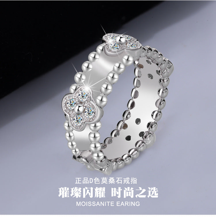 Cross-border hot selling S925Silver Full Diamond Moissanite Kaleidoscope Four-Leaf Clover Ring High-End Fashion Ring Factory Wholesale