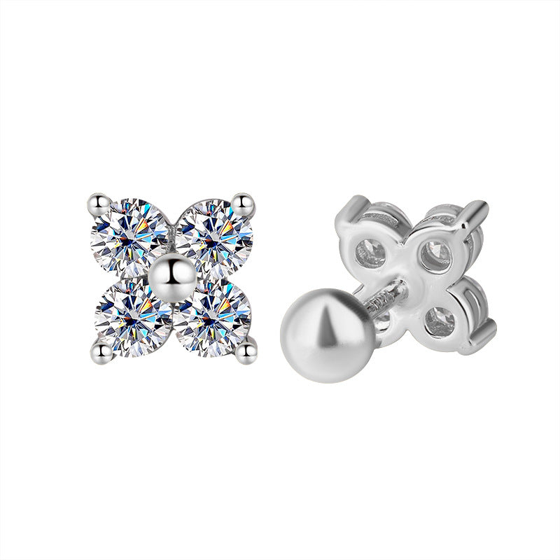 Exclusive for cross-border S925Sterling Silver Moissanite Four-Leaf Clover Screw Earrings High-End Jewelry Flower Full Diamond Factory Wholesale
