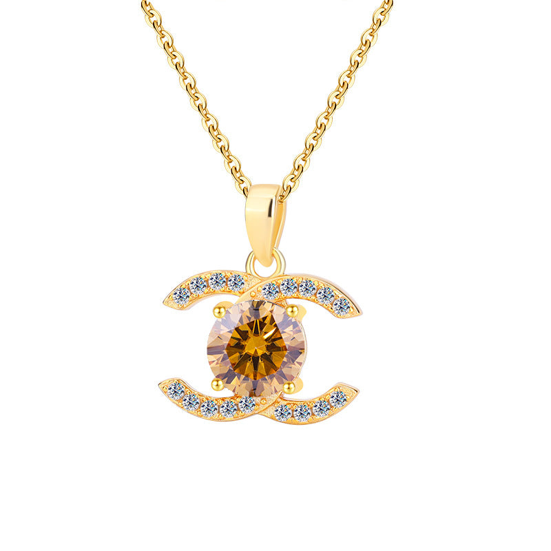 Exclusive for cross-border S925Pure Silver Moissanite Small Chanel Style Pair C Pendant High-End Versatile Full Diamond Necklace Factory Wholesale