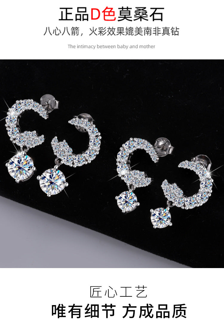 Best seller in europe and america S925Sterling Silver Moissanite Small Moon Earrings Simple Studs Inlaid with Diamonds Light Luxury Earrings Factory Wholesale