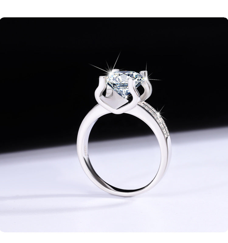s925Silver Ring Bull Head3Claroissanite Diamond Ring for Women Double Row Diamond Ring Pigeon Egg Wedding Ring Live Streaming Exquisite
