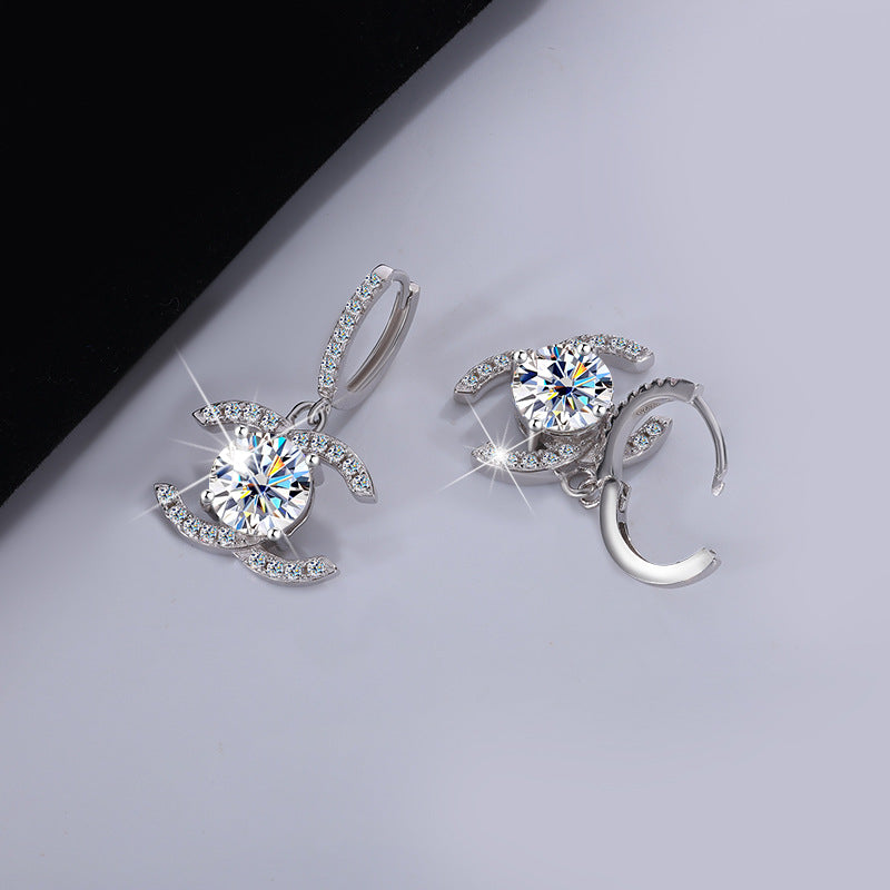 Europe and America925Sterling Silver Double C Chanel Style Moissanite Earrings for Women, Korean and Japanese High-End Moissanite Earrings, Factory Wholesale