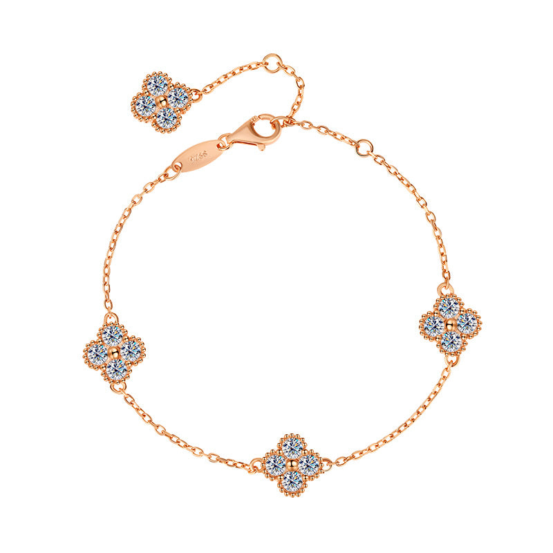 S925Silver Moissanite Four-Leaf Clover Bracelet Moissanite Simple Women's Bracelet TikTok Kuaishou Live Streaming Factory Direct Sale
