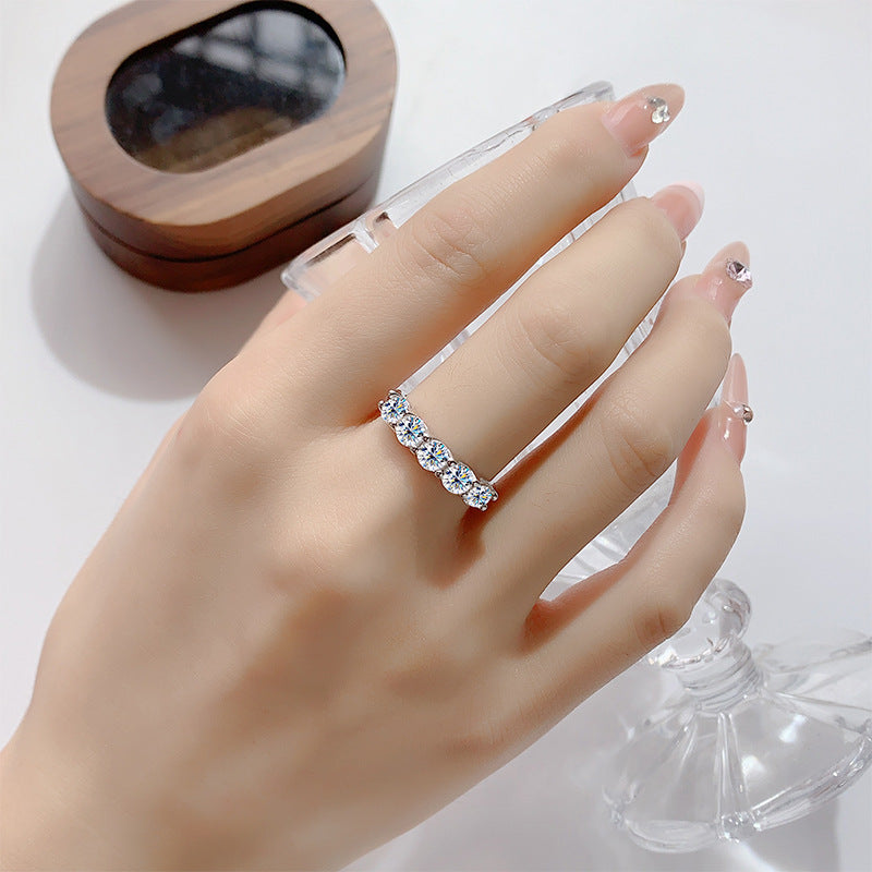 Cross-border foreign trade S925Silver Moissanite Five-Star Princess Row Ring Simple Fashion Moissanite Diamond Ring for Women Factory Wholesale