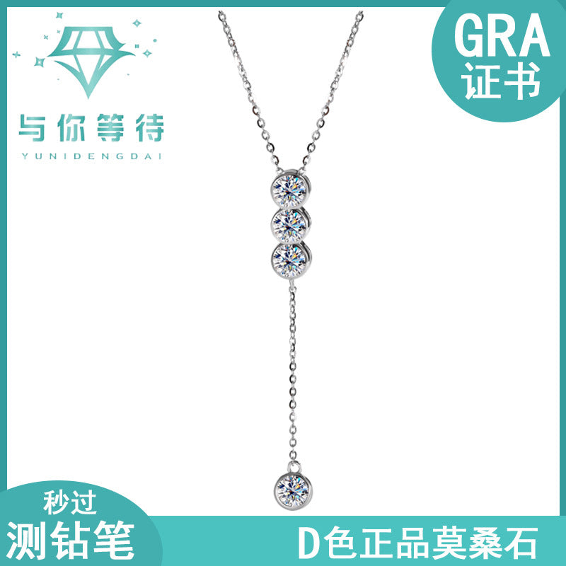 Cross-Border S925Pure Silver Tassel Necklace for Women with Moissanite Diamond Pendant, Simple and Luxurious Versatile Collarbone Chain, Wholesale from Manufacturer